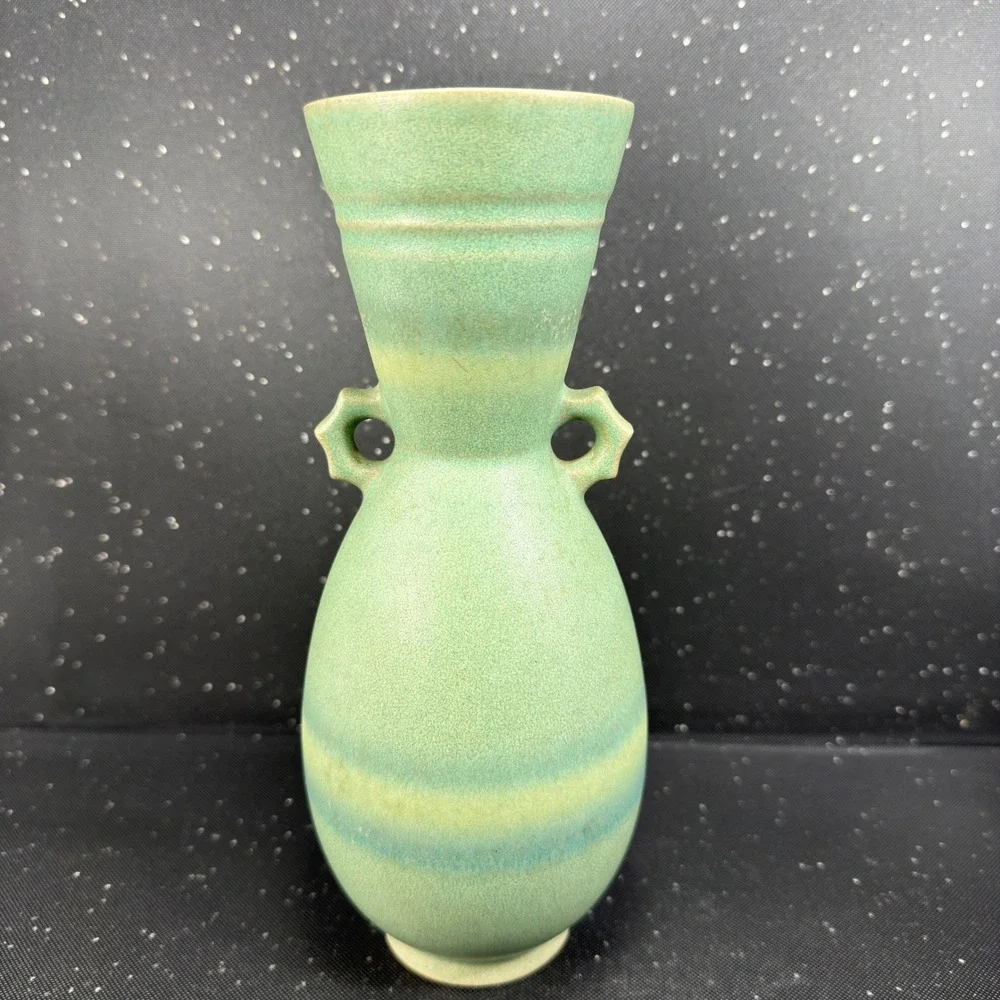 Vintage Matte Green Art Pottery Double Handle Amphora Vase 9 Inch Sage Seafoam